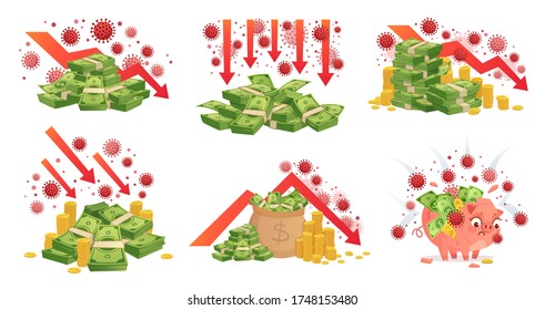 COVID-19 Global economic crisis. Pandemic financial fallout, coronavirus on money pile or corona crisis vector concept illustration set. Crisis coronavirus, financial outbreak information