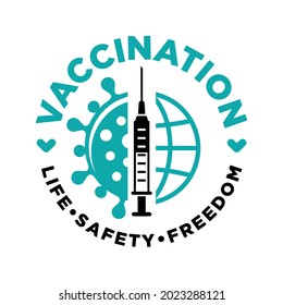 COVID-19 global vaccination concept. Medical syringe with needle, Vial and bottle with the drug against coronavirus. Life, safety, freedom travel. Vector on transparent background