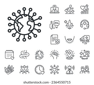 Covid-19 global virus sign. Online doctor, patient and medicine outline icons. Coronavirus pandemic line icon. Corona virus symbol. Coronavirus line sign. Vector