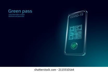 COVID-19 Green Pass QR-code 3D concept. Phone app screen health passport mobile app certificate. Safe travel coronavirus immunization poster vector illustration