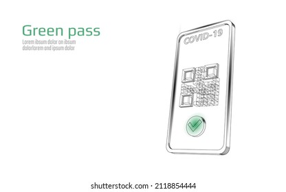 COVID-19 Green Pass QR-code 3D concept. Phone app screen health passport mobile app certificate. Safe travel coronavirus immunization poster vector illustration