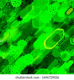 Covid-19 green seamless pattern with dynamic effect. Coronavirus texture. Vector background for web page, banners backdrop, fabric, wrapping.