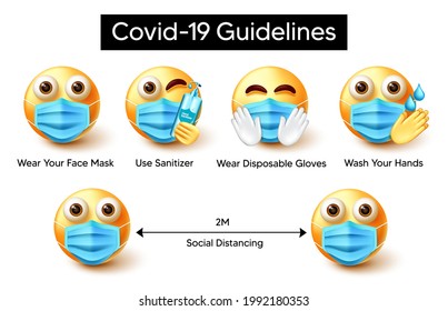 Covid-19 guidelines emoji vector design. Covid-19 guidelines text with 3d characters wearing face mask, hand washing and social distancing for preventive measure emoticon signage. Vector illustration