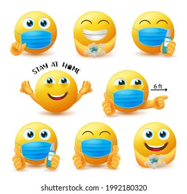 Covid-19 guidelines emoji vector set. Emoticon 3d characters in covid safety guidelines like wearing face mask and stay at home for pandemic safety emoji collection design. Vector illustration