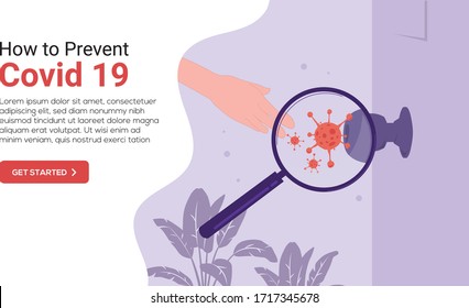 Covid-19, hand with the door knob. germs (corona virus or covid 19) over it. text message to prevent the disease. illustration vector.