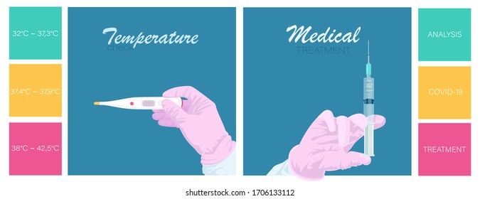 Covid-19. Hand holding thermometer, syringe, injection. White high temperature thermometer. Coronavirus disease detection through body temperature, treatment, vaccination. Set concept. Flat vector