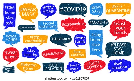 COVID-19 hashtags set to prevent the spread of coronavirus. Quarantine and self-isolation. Wear mask and wash hands. COVID-19 hashtags. Stay Home Stay Safe. Prevention the spread of COVID-19.