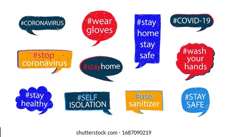 COVID-19 hashtags set to prevent the spread of coronavirus. Quarantine and self-isolation. Wear mask and wash hands. Stay Home Stay Safe. Prevention the spread of COVID-19.
