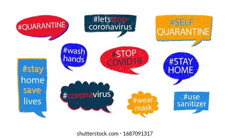 COVID-19 hashtags set to prevent the spread of coronavirus. Quarantine and self-isolation. Wear mask and wash hands. Stay Home Stay Safe. Prevention the spread of COVID-19.
