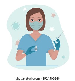 Covid-19.  Healthcare, coronavirus, prevention and immunize.Vaccine against COVID-19 virus.The doctor holds a syringe and a viral vaccine in his hands. The coronavirus vaccination concept. Woman medic