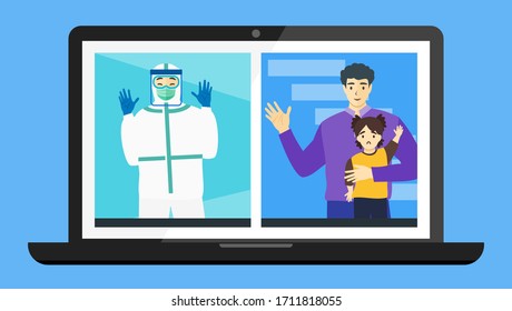 COVID-19 Healthcare Female Doctor Nurse Medical Worker Full Covered Hazmat Suit PPE Video Call Web Conference Teleconference with Remote Virtual Meetings Daughter Kid Husband Family During Break Time