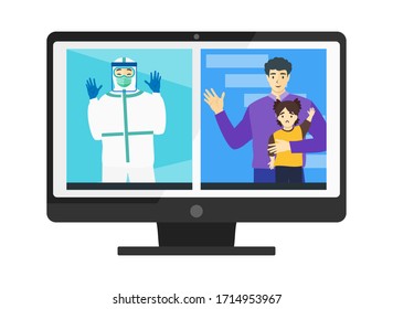 COVID-19 Healthcare Female Doctor Nurse Medical Worker Full Covered Hazmat Suit PPE Video Call Web Conference Teleconference with Remote Virtual Meetings Daughter Kid Husband Family During Break Time