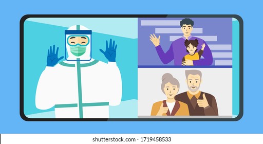 COVID-19 Healthcare Female Doctor Nurse Medical Worker Full Covered Hazmat Suit PPE Video Call Web Conference Teleconference With Remote Mobile Meetings Daughter Kid Husband Family During Break Time