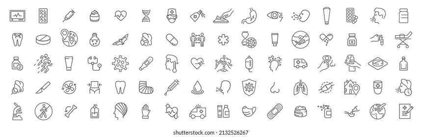 COVID-19 and healthcare line icons collection. Big UI icon set. Thin outline icons pack. Vector illustration eps10