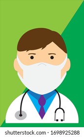 Covid-19: Healthcare Medical Male Doctor Wearing Mask with Green Background Vector 