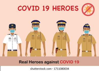 COVID-19 Heroes. Set of Police inspector, constable, and traffic police vector