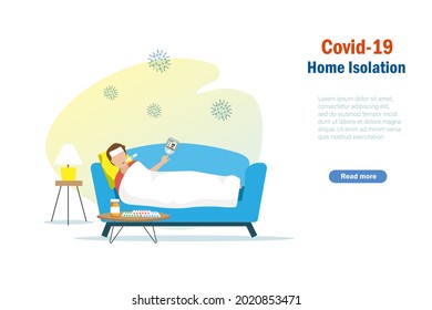 Covid-19 Home Isolation. Sick Man On Sofa Self Check Temperature And Oxygen Saturation From Digital Fingertip Oximeter. Medial And Healthcare Concept.