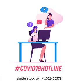 Covid19 Hotline Service. Receptionist Character Support People. Girl Consultant In Headset And Mask Chatting With Client In Call Center Answering Coronavirus Questions. Cartoon Vector Illustration
