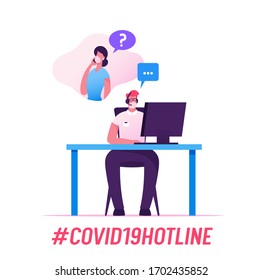 Covid19 Hotline Specialist Character Answer Client Questions Online. Call Center Support Service Staff in Headset and Medical Mask Communicate with People in Internet. Cartoon Vector Illustration