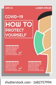 Covid-19, how to protect yourself design. For brochures, posters, banners, flyers etc. Designed in A4 format. Red and green. Health care and medicine. Man in mask. Eps 10 vector