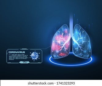 Covid-19. Human lungs. Low poly wireframe and points. Medicine concept with geometry triangle. 3D medical illustration of patient lung infection. Sars disease, coronaviruses in the lung. Vector