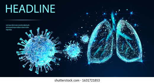 Covid-19. Human lungs. Sars disease, coronaviruses in the lung. The coronavirus causes the severe illness SARS . Low poly wireframe style. Vector