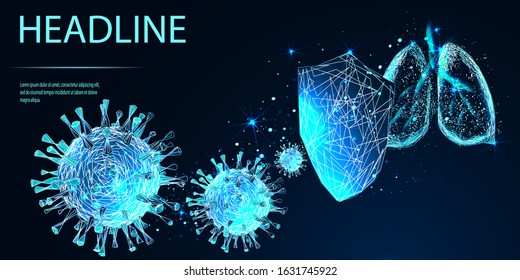 Covid-19. Human lungs. Sars disease, coronaviruses in the lung. The coronavirus causes the severe illness SARS . Low poly wireframe style. Vector