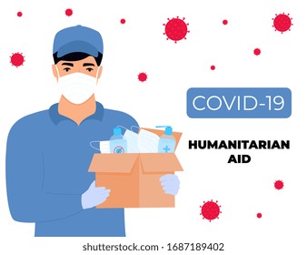 COVID-19. Humanitarian Aid. Supply Of Medical Protective Masks And Disinfectants. Coronavirus Epidemic. Delivery Man Delivering Parcel