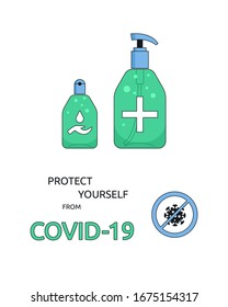 COVID-19 hygiene promotion with  sanitizing with alcohol and washing your hands. sanitizers  kill bacteria, fungi and stop viruses such as coronavirus. Hygiene product, dispenser. Isolated vector 