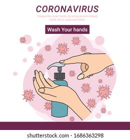 COVID-19 hygiene promotion with wearing a face mask, sanitizing with alcohol and washing your hands in flat style
