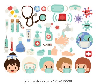 covid19 icon, corona virus symbol, pandemic graphic, medical infographic, flu, cold, virus, wash hand, alcohol jel, clean spray, sick world, pill, medicine, isolated on white - Vector file EPS10