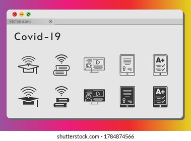 covid-19 Icon Set. Inbegriffen Tablette, E-Reader, Verschlusskappe, Instruktor, Buchsymbole auf weißem Hintergrund. lineare, gefüllte Stile.