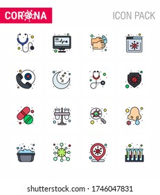 Covid-19 icon set for infographic 16 Flat Color Filled Line pack such as moon; medical assistance; wash; doctor on call; news viral coronavirus 2019-nov disease Vector Design Elements