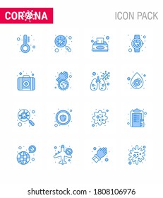 Covid-19 icon set for infographic 16 Blue pack such as smart watch; medical; search; healthcare; tissue box viral coronavirus 2019-nov disease Vector Design Elements
