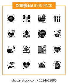 Covid-19 icon set for infographic 16 Solid Glyph Black pack such as beat; test; kidney; lab; travel viral coronavirus 2019-nov disease Vector Design Elements