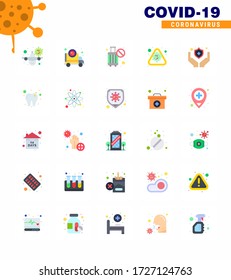 Covid-19 icon set for infographic 25 Flat Color pack such as epidemic; corona; transmission; alert; no travel viral coronavirus 2019-nov disease Vector Design Elements