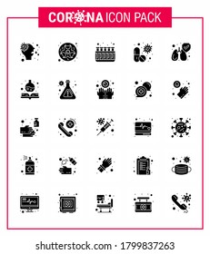 Covid-19 icon set for infographic 25 Solid Glyph pack such as pill; capsule; warning; antivirus; lab viral coronavirus 2019-nov disease Vector Design Elements