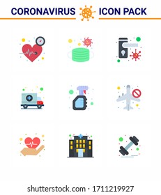 Covid-19 icon set for infographic 9 Flat Color pack such as  cleaning; hospital; safety; car; bacteria viral coronavirus 2019-nov disease Vector Design Elements