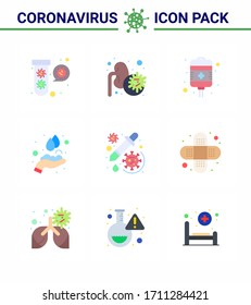 Covid-19 icon set for infographic 9 Flat Color pack such as  drug; medical; virus; hands; health care viral coronavirus 2019-nov disease Vector Design Elements