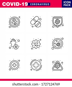 Covid-19 Icon Set For Infographic 9 Line Pack Such As  Particle; Hands; Bacteria; Disease; Covid Viral Coronavirus 2019-nov Disease Vector Design Elements