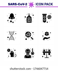 Covid-19 icon set for infographic 9 Solid Glyph Black pack such as  genome; dna; hand; virus; fuild viral coronavirus 2019-nov disease Vector Design Elements