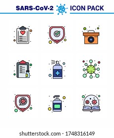 Covid-19 icon set for infographic 9 Filled Line Flat Color pack such as paper; medicine; shield; list; medicine viral coronavirus 2019-nov disease Vector Design Elements