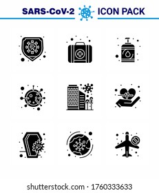 Covid-19 icon set for infographic 9 Solid Glyph Black pack such as  city; microorganism; disease; life; coronavirus viral coronavirus 2019-nov disease Vector Design Elements