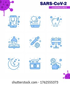 Covid-19 icon set for infographic 9 Blue pack such as pipette; dropper; water bowl; medicine book; handbook viral coronavirus 2019-nov disease Vector Design Elements
