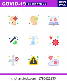 Covid-19 icon set for infographic 9 Flat Color pack such as  pipette; dropper; virus; virus; loupe viral coronavirus 2019-nov disease Vector Design Elements