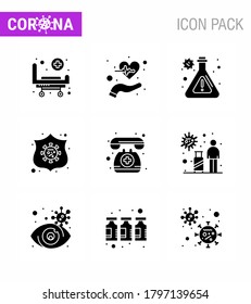 Covid-19 icon set for infographic 9 Solid Glyph Black pack such as  medical assistance; virus; pulses; shield; protection viral coronavirus 2019-nov disease Vector Design Elements