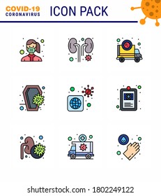 Covid-19 icon set for infographic 9 Filled Line Flat Color pack such as infection; coronavirus; kidney; coffin; transmission viral coronavirus 2019-nov disease Vector Design Elements