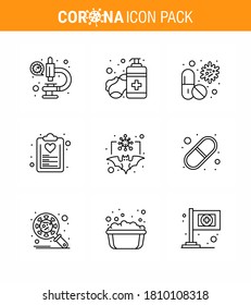 Covid-19 icon set for infographic 9 Line pack such as  list; diet; virus; check list; pill viral coronavirus 2019-nov disease Vector Design Elements
