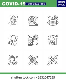 Covid-19 icon set for infographic 9 Line pack such as  drops; allergy; protection; safety; mask viral coronavirus 2019-nov disease Vector Design Elements