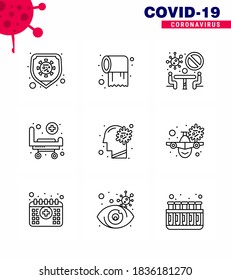 Covid-19 icon set for infographic 9 Line pack such as  flu; wheels; banned; hospital; strature viral coronavirus 2019-nov disease Vector Design Elements